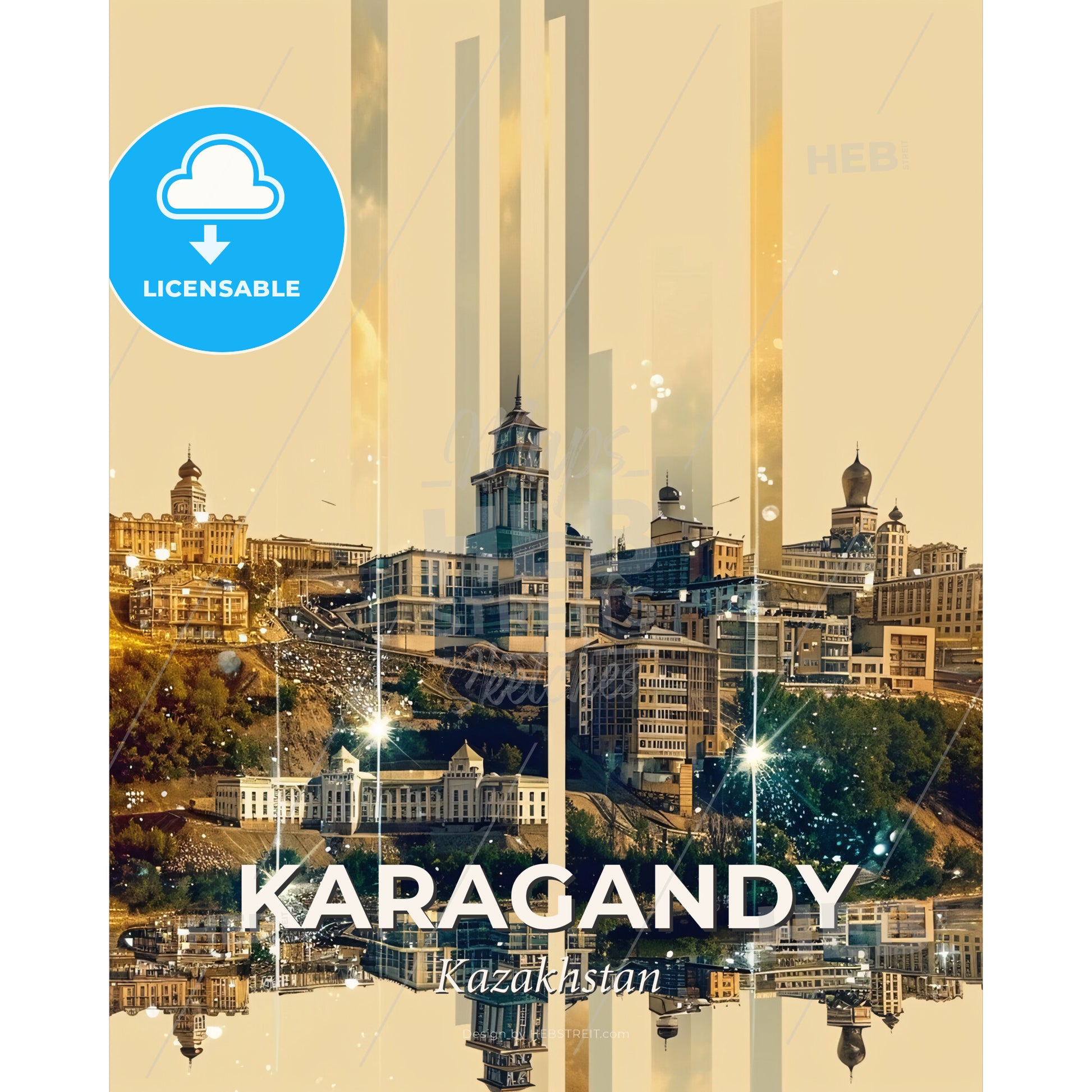 Karagandy City Icons Double Exposure Skyline Poster - A cityscape with buildings and lights - Square format print template
