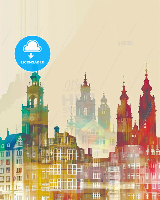 Karlsruhe City Skyline Artwork Poster - A colorful city skyline with many towers