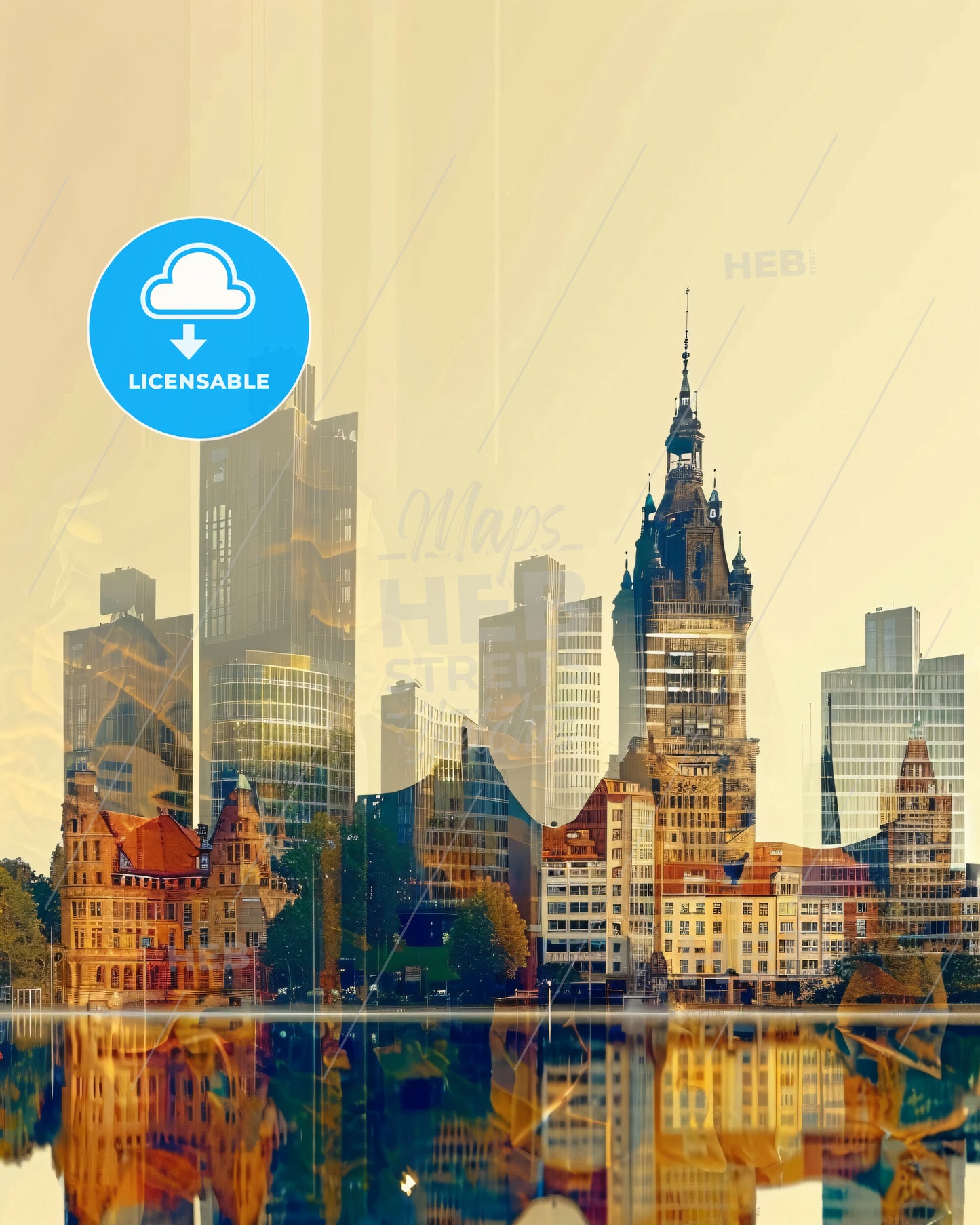 Karlsruhe City Skyline Illustration Print in Beige - A city skyline with buildings and trees