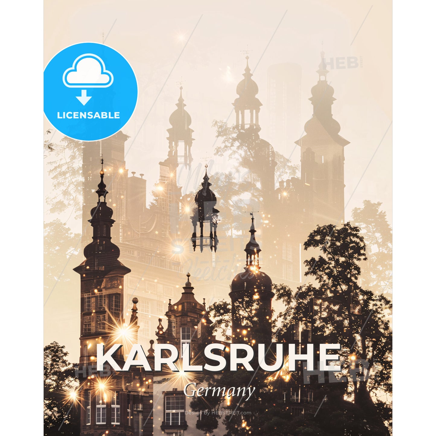 Karlsruhe City Skyline Double Exposure Composite Art - A building with towers and trees in the background - Square format print template