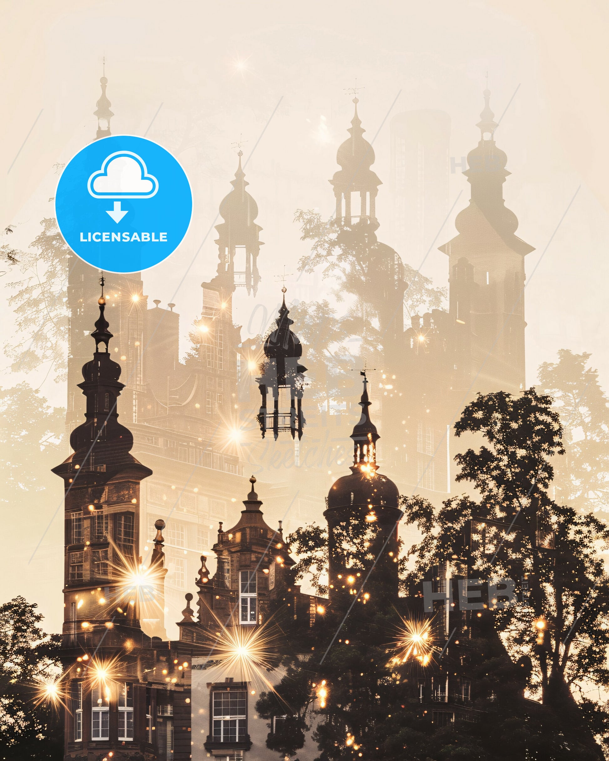 Karlsruhe City Skyline Double Exposure Composite Art - A building with towers and trees in the background