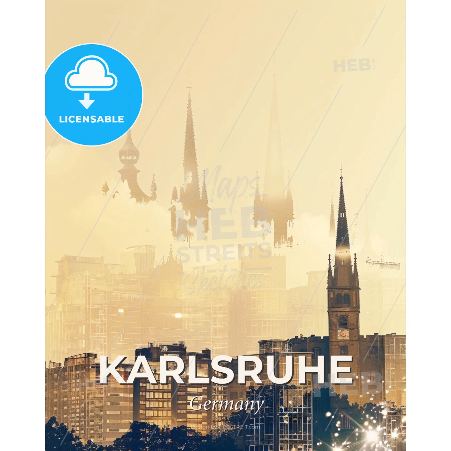 Karlsruhe Skyline Poster: Double Exposure Art - A city with tall buildings and towers - Square format print template