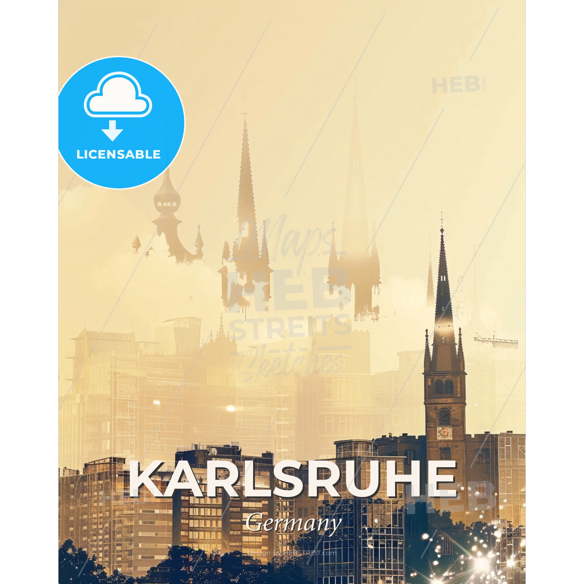 Karlsruhe Skyline Poster: Double Exposure Art - A city with tall buildings and towers - Square format print template