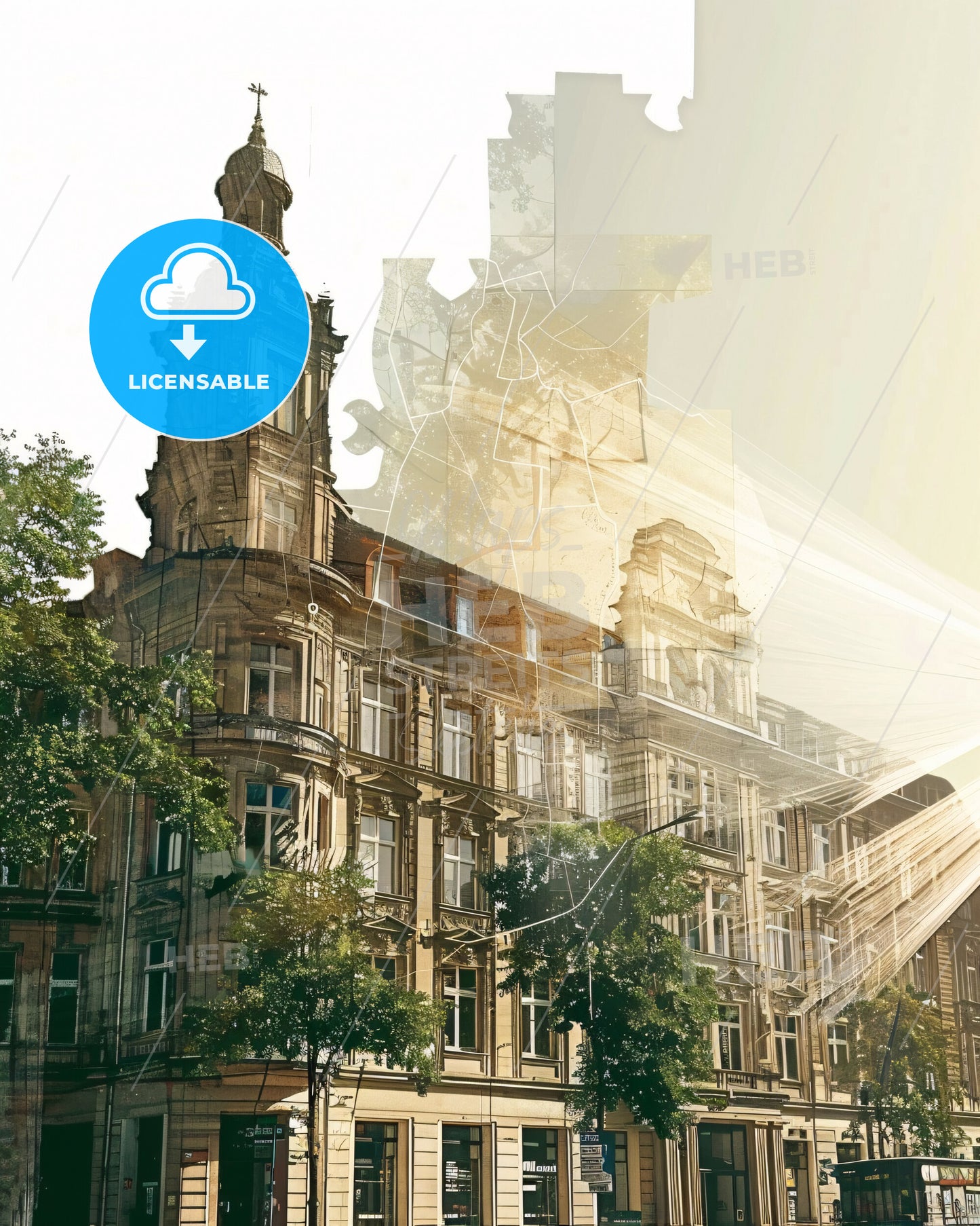 Karlsruhe Skyline Poster, Double Exposure Art - A building with trees and sun rays