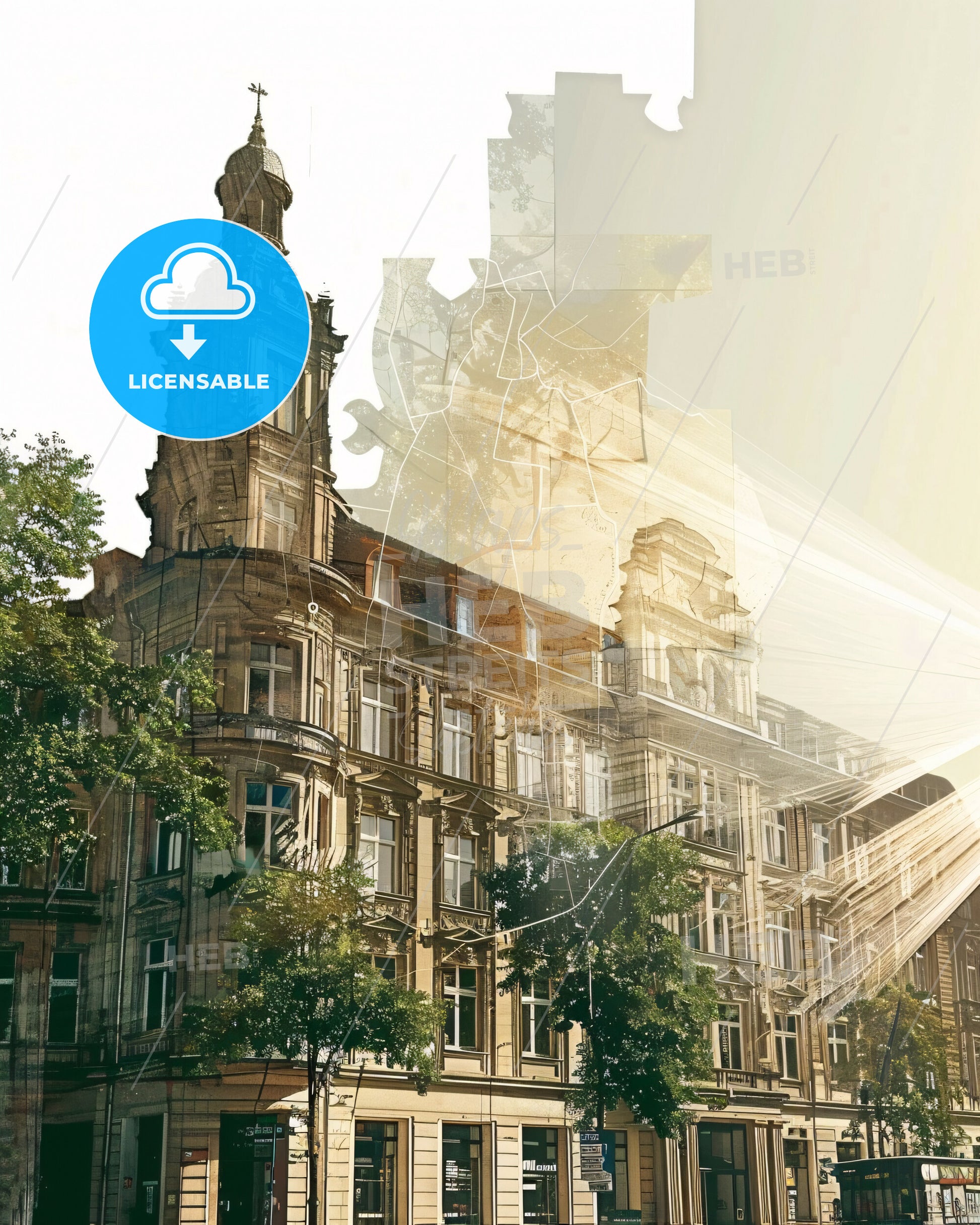 Karlsruhe Skyline Poster, Double Exposure Art - A building with trees and sun rays