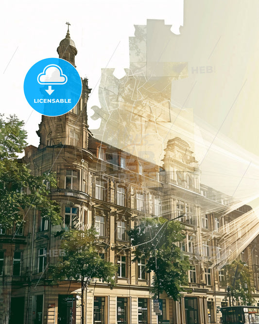Karlsruhe Skyline Poster, Double Exposure Art - A building with trees and sun rays