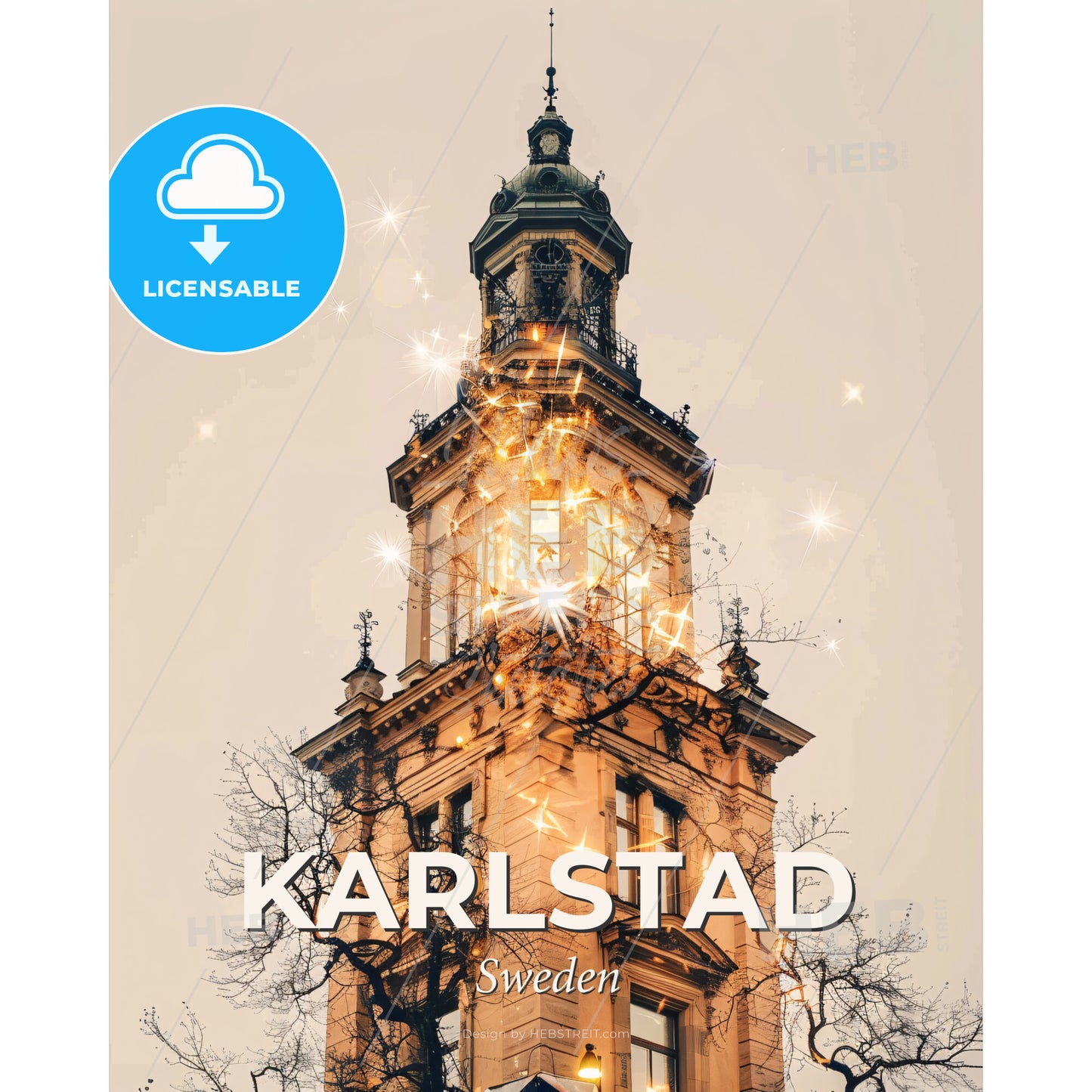 Karlstad City Skyline Composite Art Poster - A tall building with a bell tower and stars - Square format print template