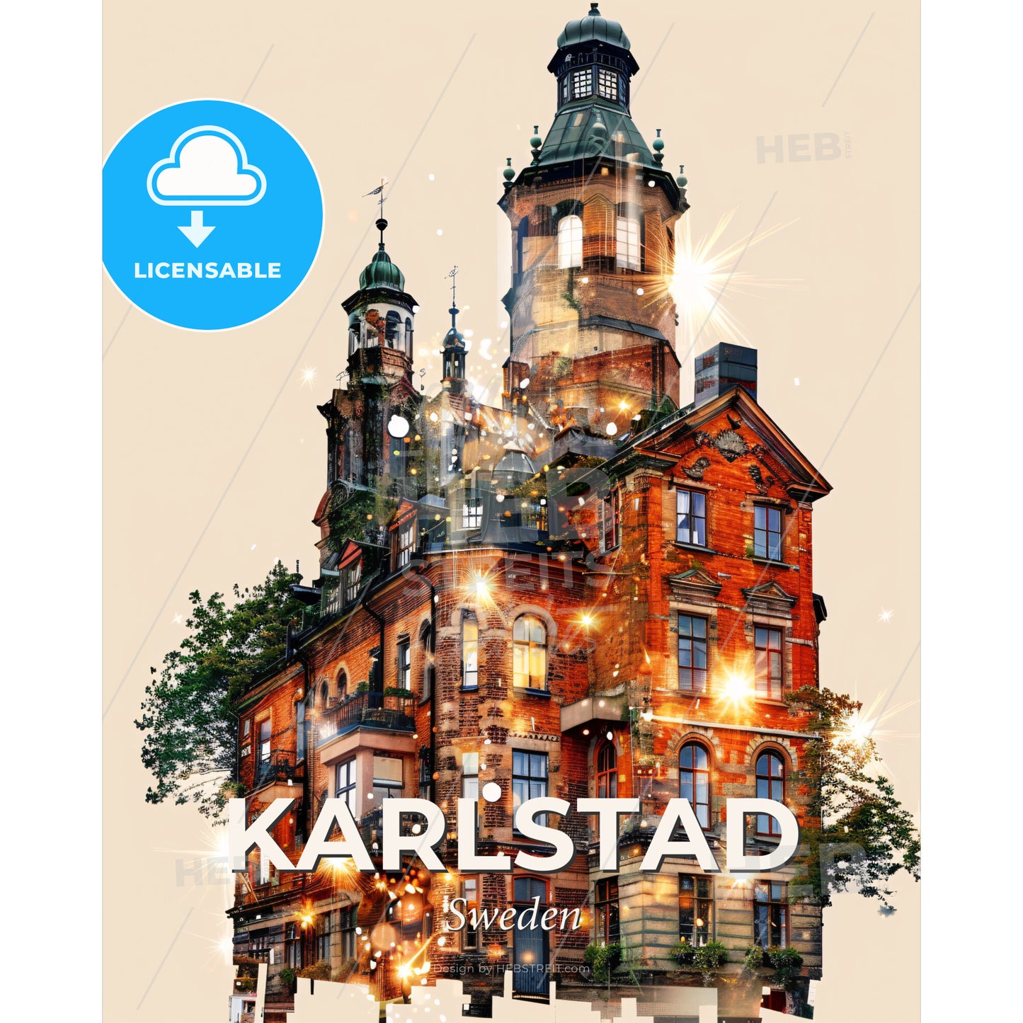 Karlstad Cityscape Night Magic Poster - A building with a tower and trees - Square format print template