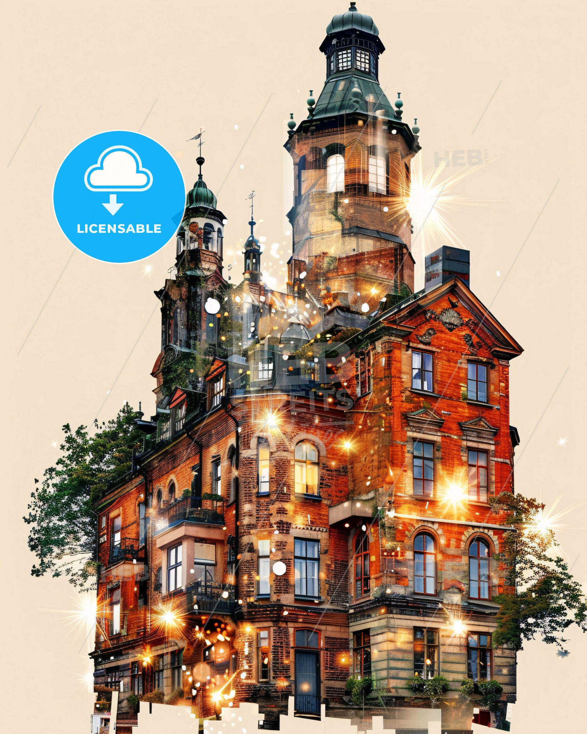 Karlstad Cityscape Night Magic Poster - A building with a tower and trees