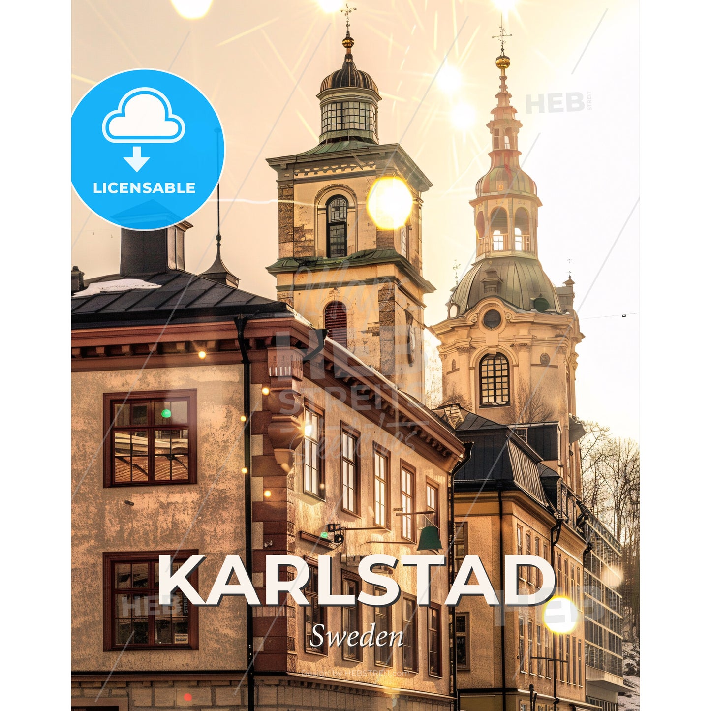 Karlstad City Skyline Double Exposure Art Poster - A building with a tower and a bell tower - Square format print template