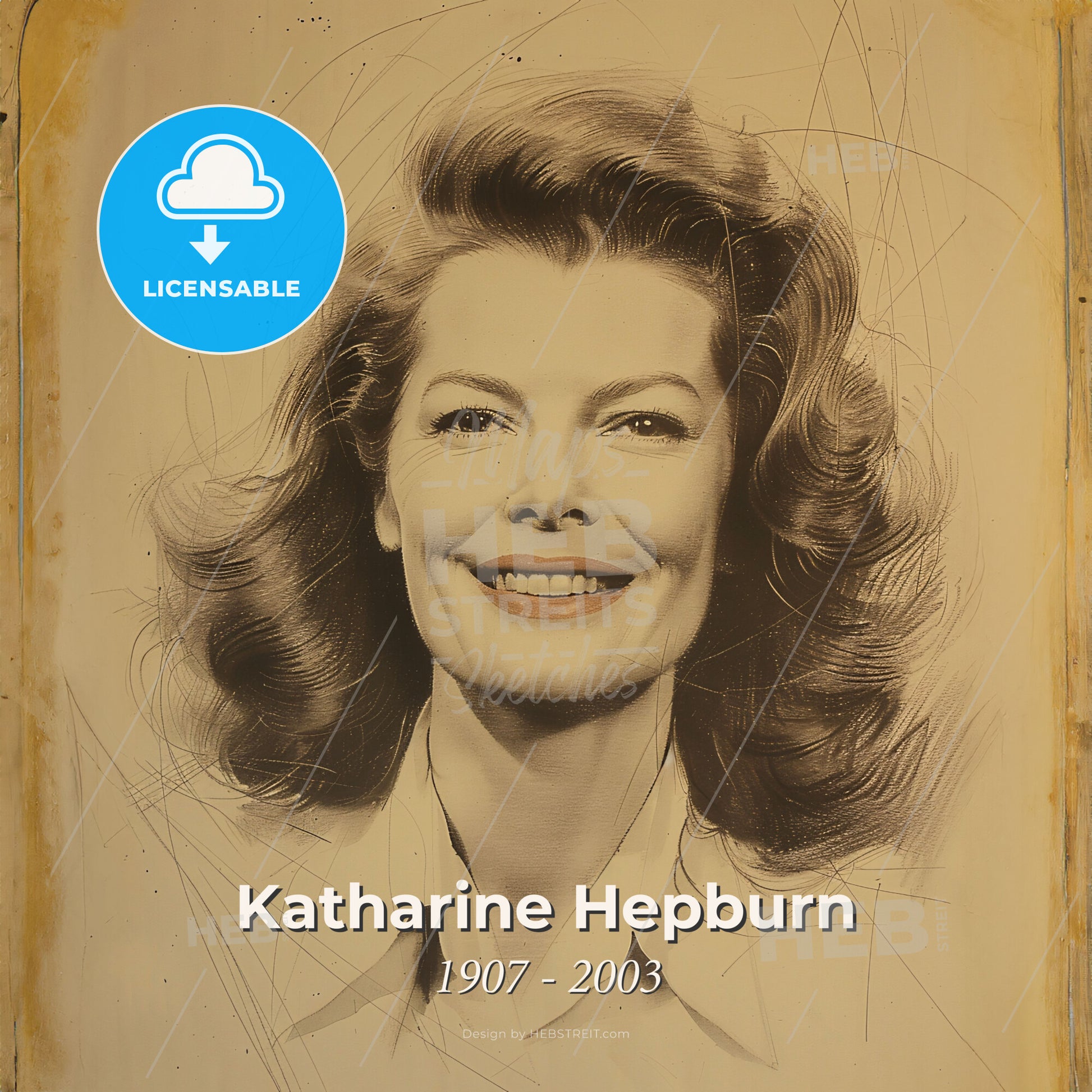 Katharine Hepburn, 1907 - 2003, American actress - A Woman Smiling With Curly Hair Print Template