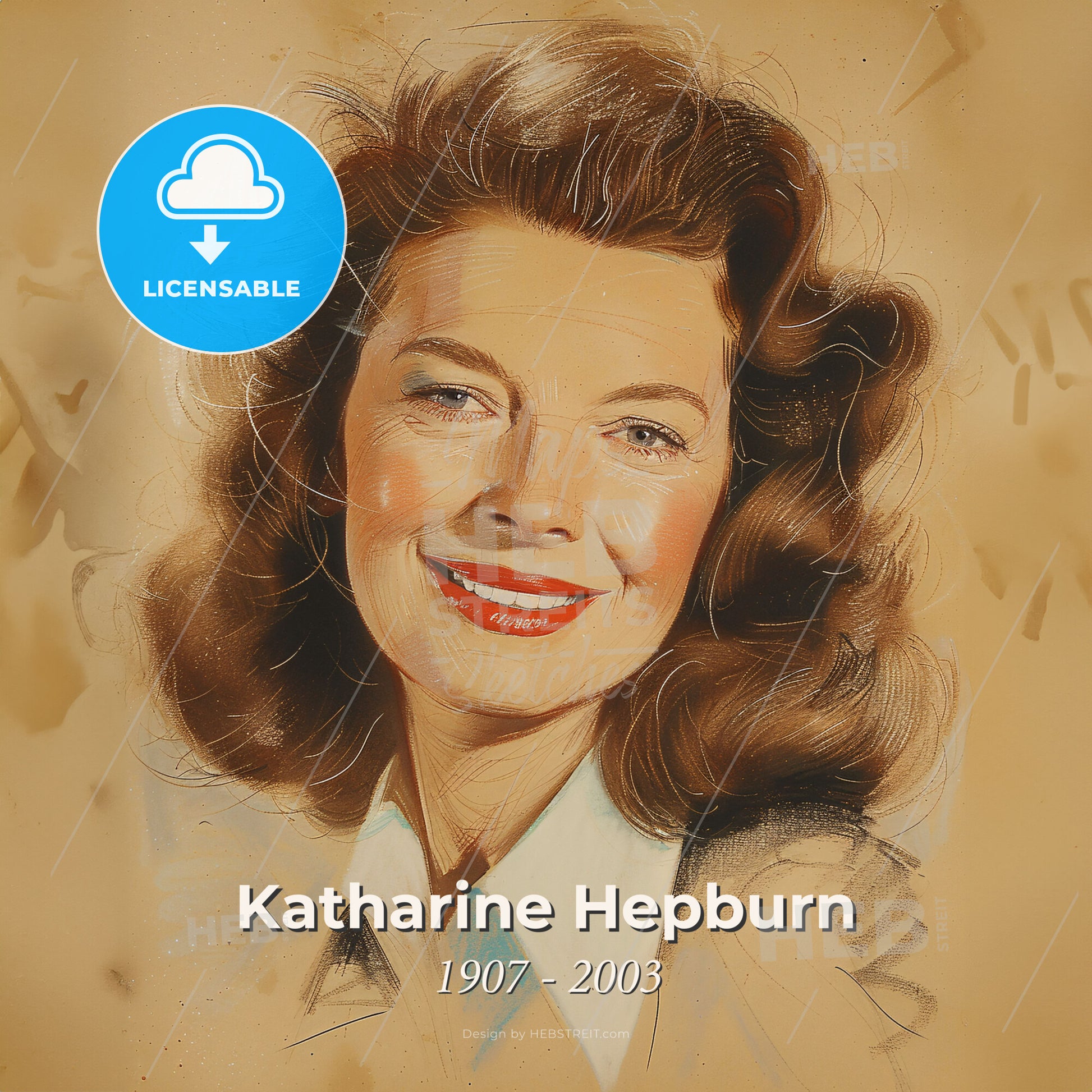 Katharine Hepburn, 1907 - 2003, American actress - A Woman With Curly Hair Smiling Print Template