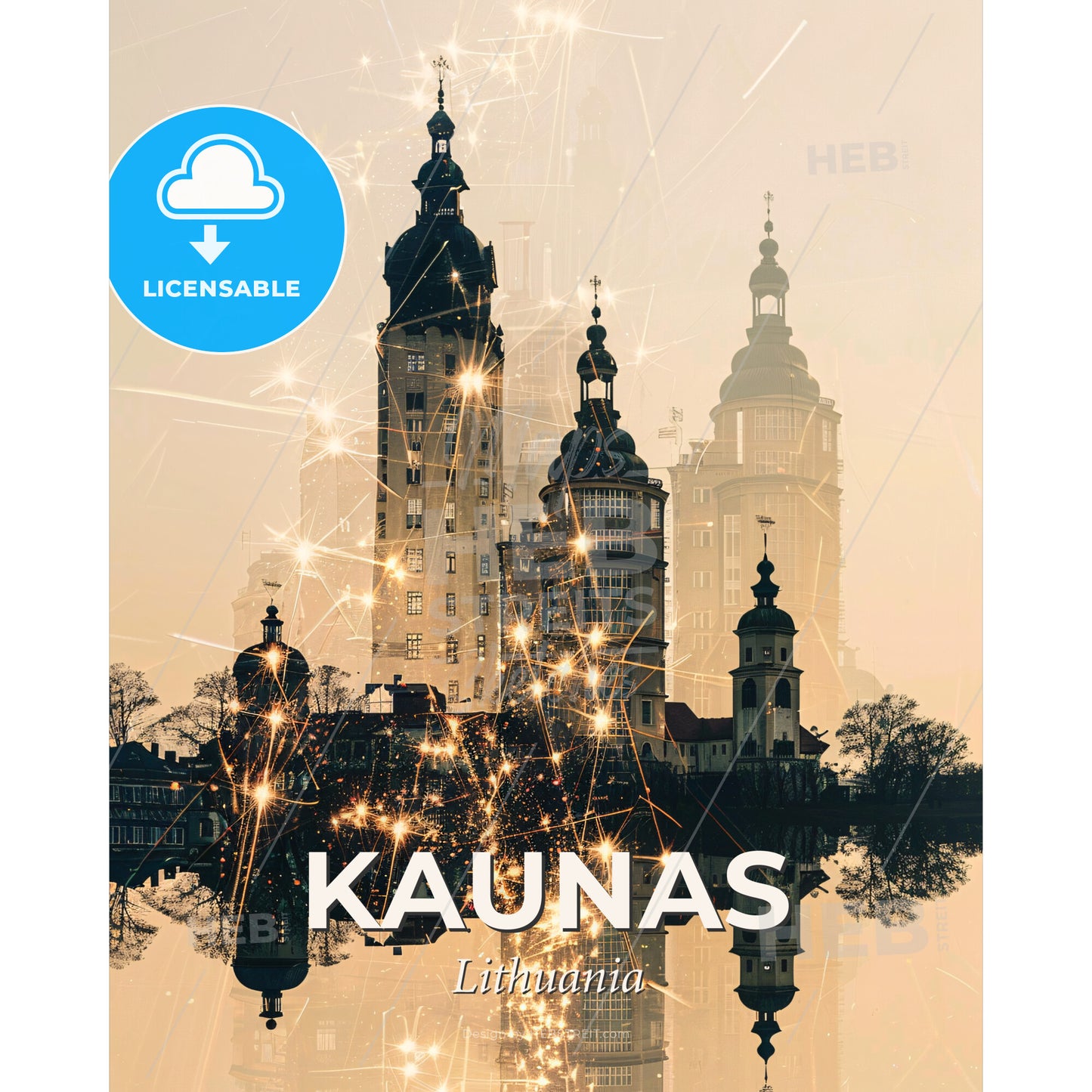Kaunas City Skyline Double Exposure Poster - A city with many lights - Square format print template