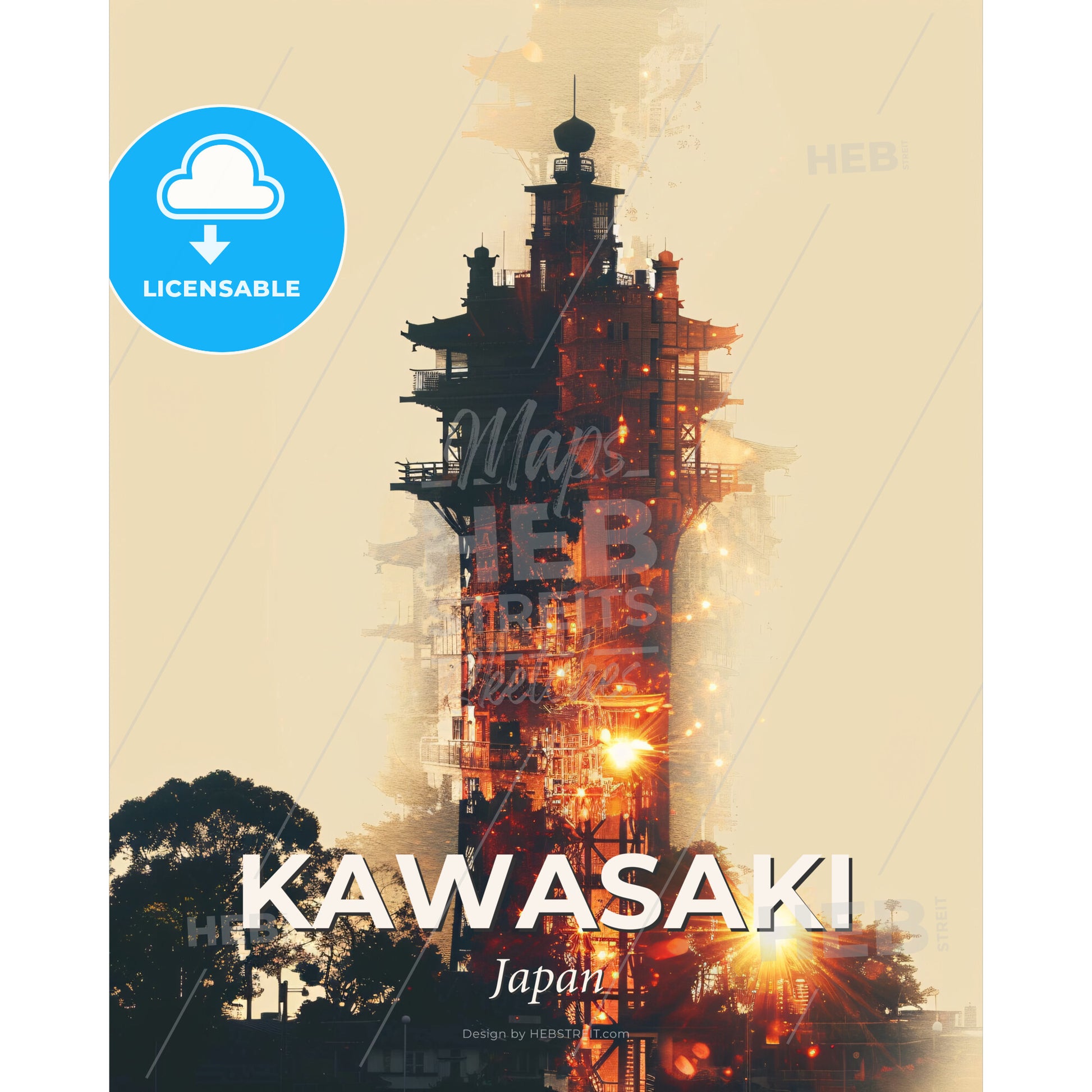 Kawasaki Cityscape Double Exposure Art Print - A tall building with scaffolding and trees - Square format print template