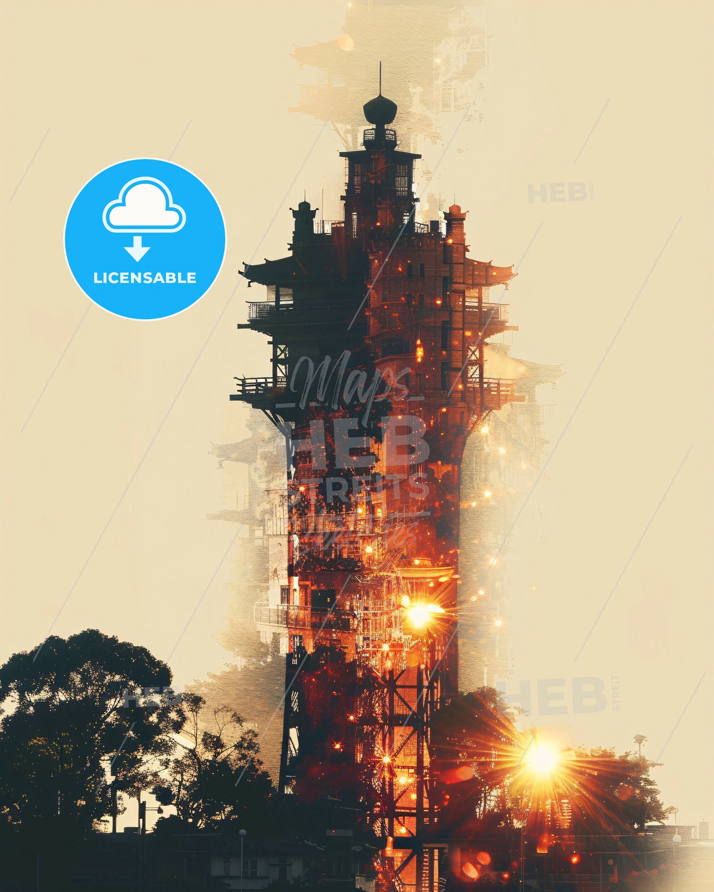 Kawasaki Cityscape Double Exposure Art Print - A tall building with scaffolding and trees