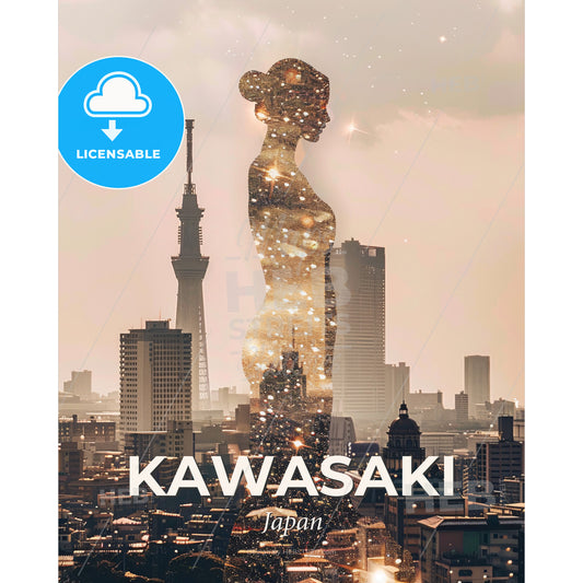 Kawasaki Skyline Double Exposure Art - A woman in a city - Square format print template