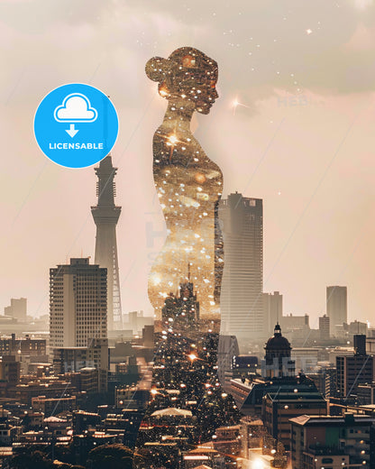 Kawasaki Skyline Double Exposure Art - A woman in a city