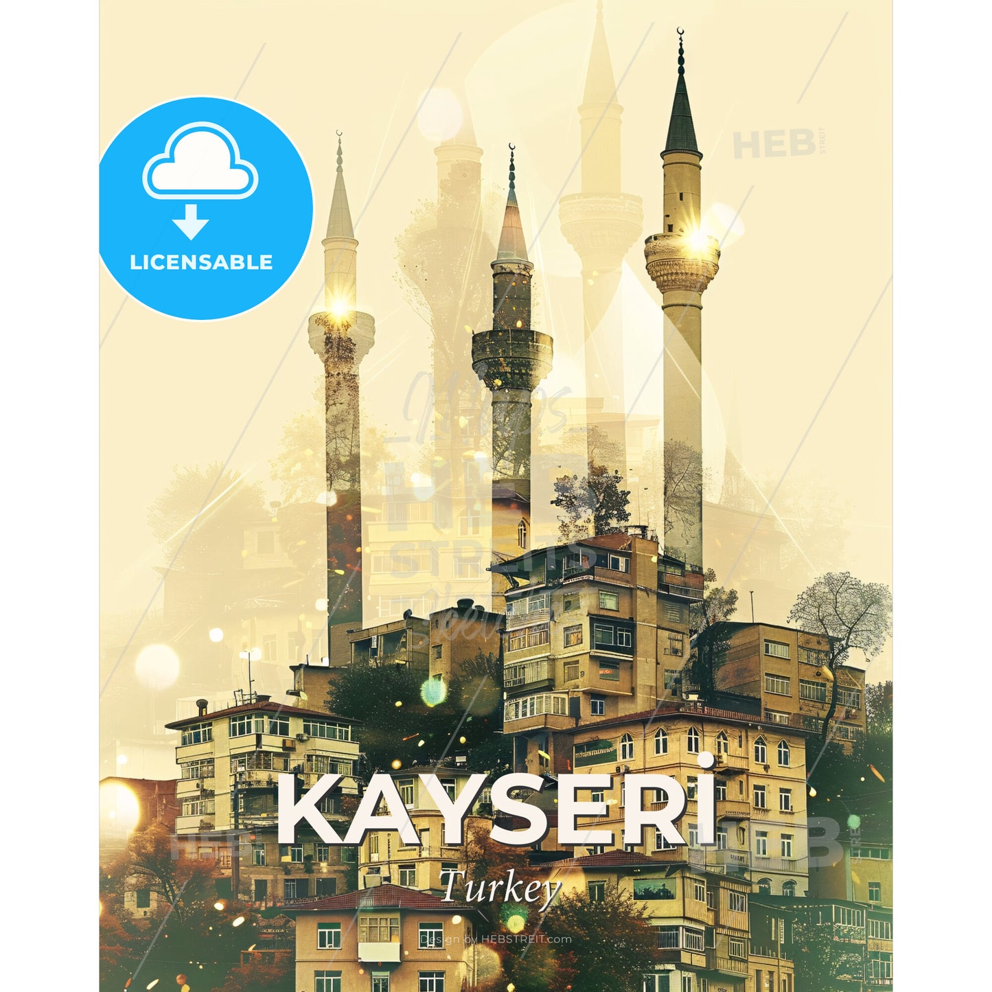 Kayseri Skyline Double Exposure Art Poster - A city with towers and buildings - Square format print template