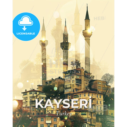 Kayseri Skyline Double Exposure Art Poster - A city with towers and buildings - Square format print template