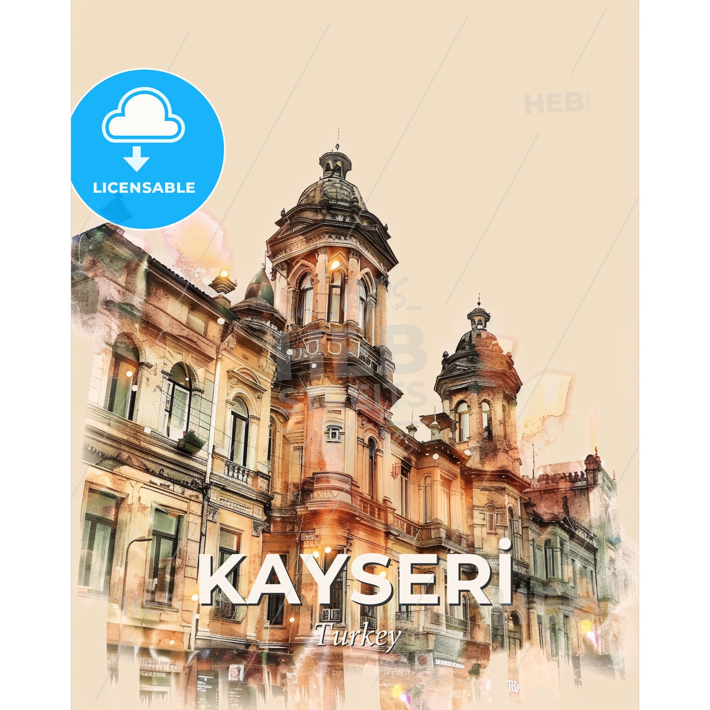 Kayseri Skyline Poster: Art, Architecture, Paper, Sparkles - A large building with a tower - Square format print template