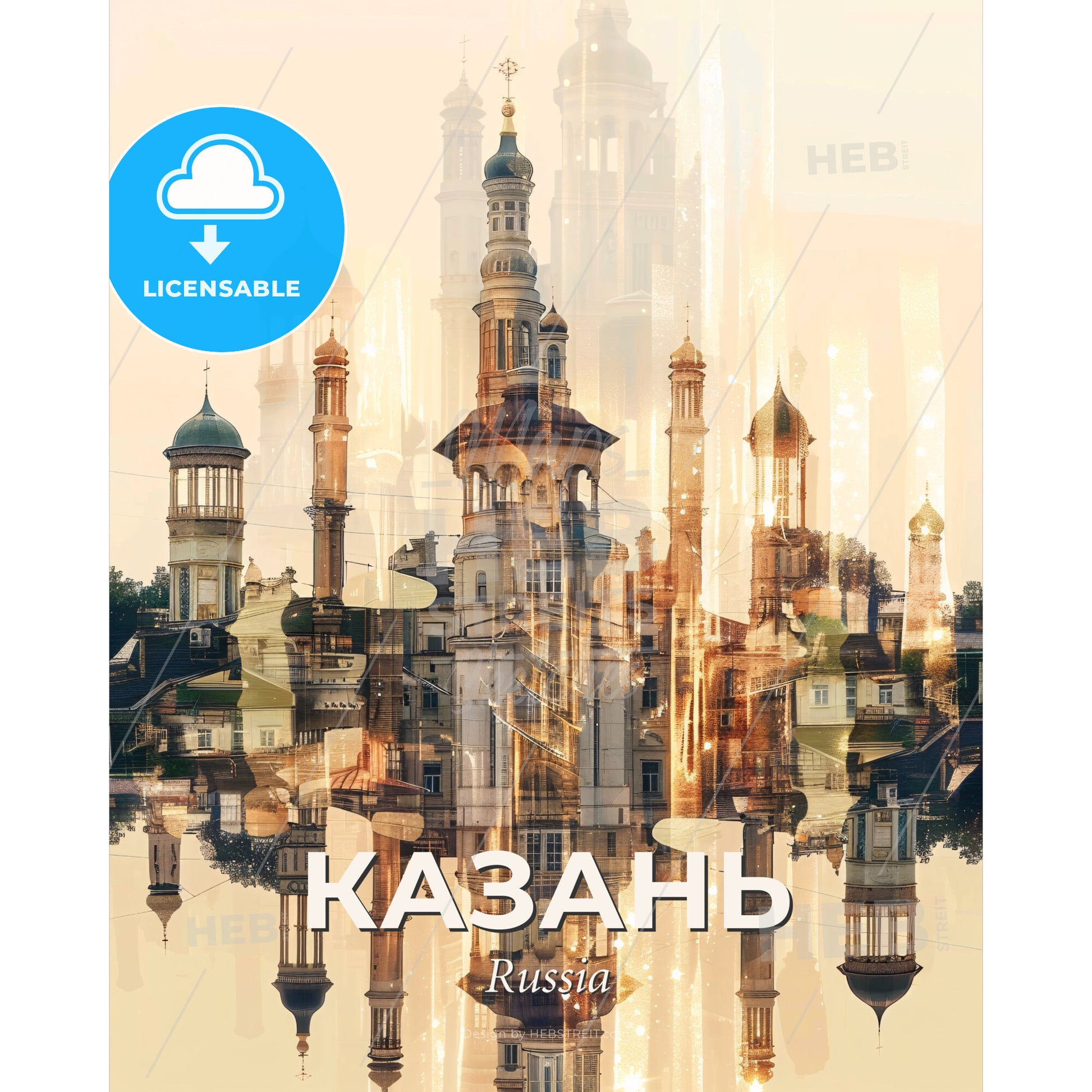 Kazan City Skyline Poster with Backlights and Sparkles - A city with towers and towers - Square format print template