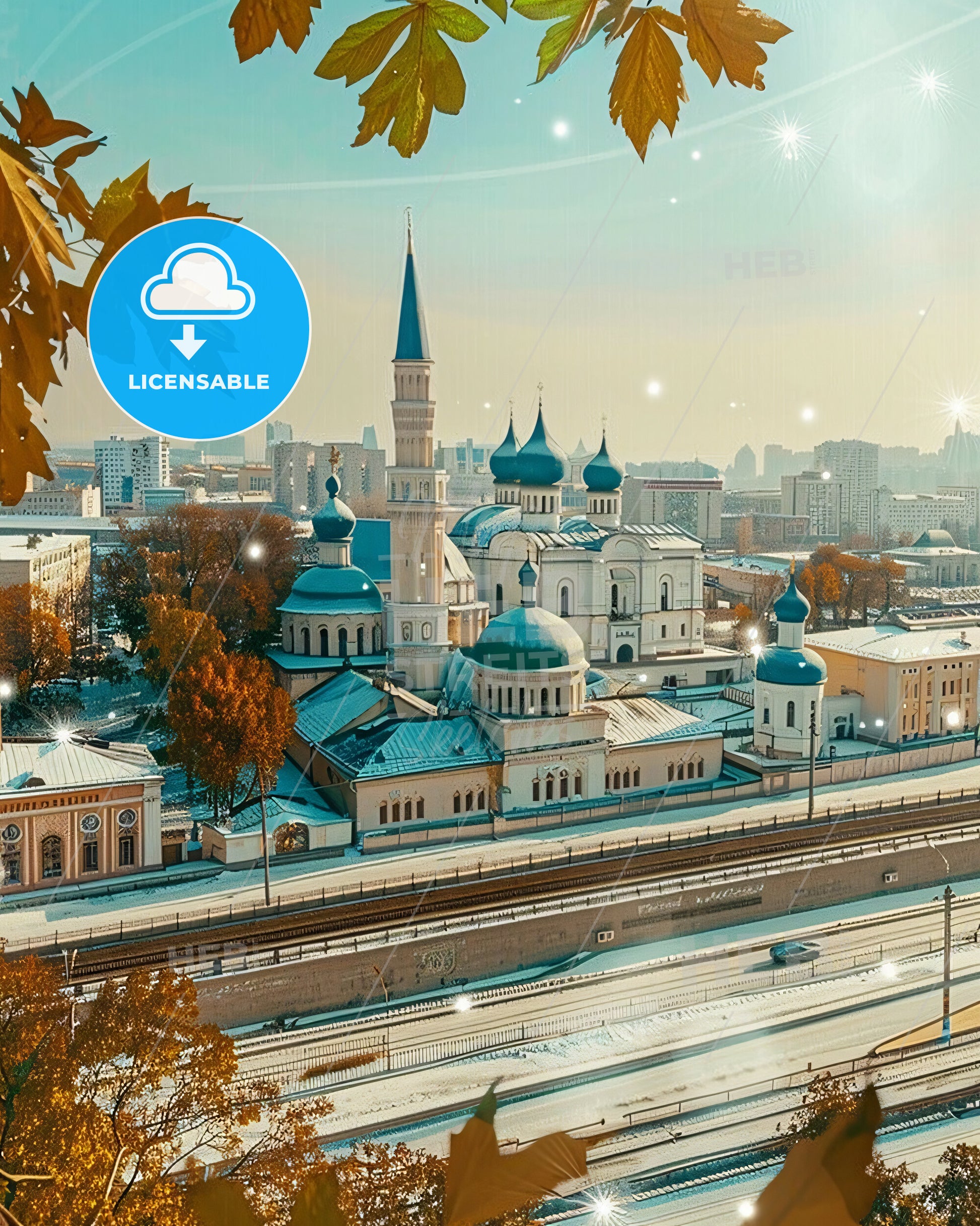 Kazan's Night Sky - Poster Design with Local Architecture Icons - A large white building with blue domes and a blue roof