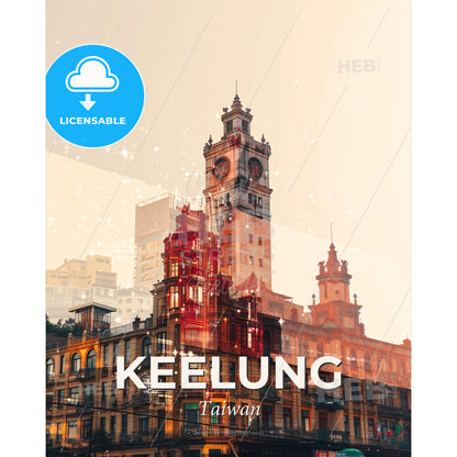 Keelung Skyline Cityscape Modern Bright Beige Poster - A city with a clock tower - Square format print template
