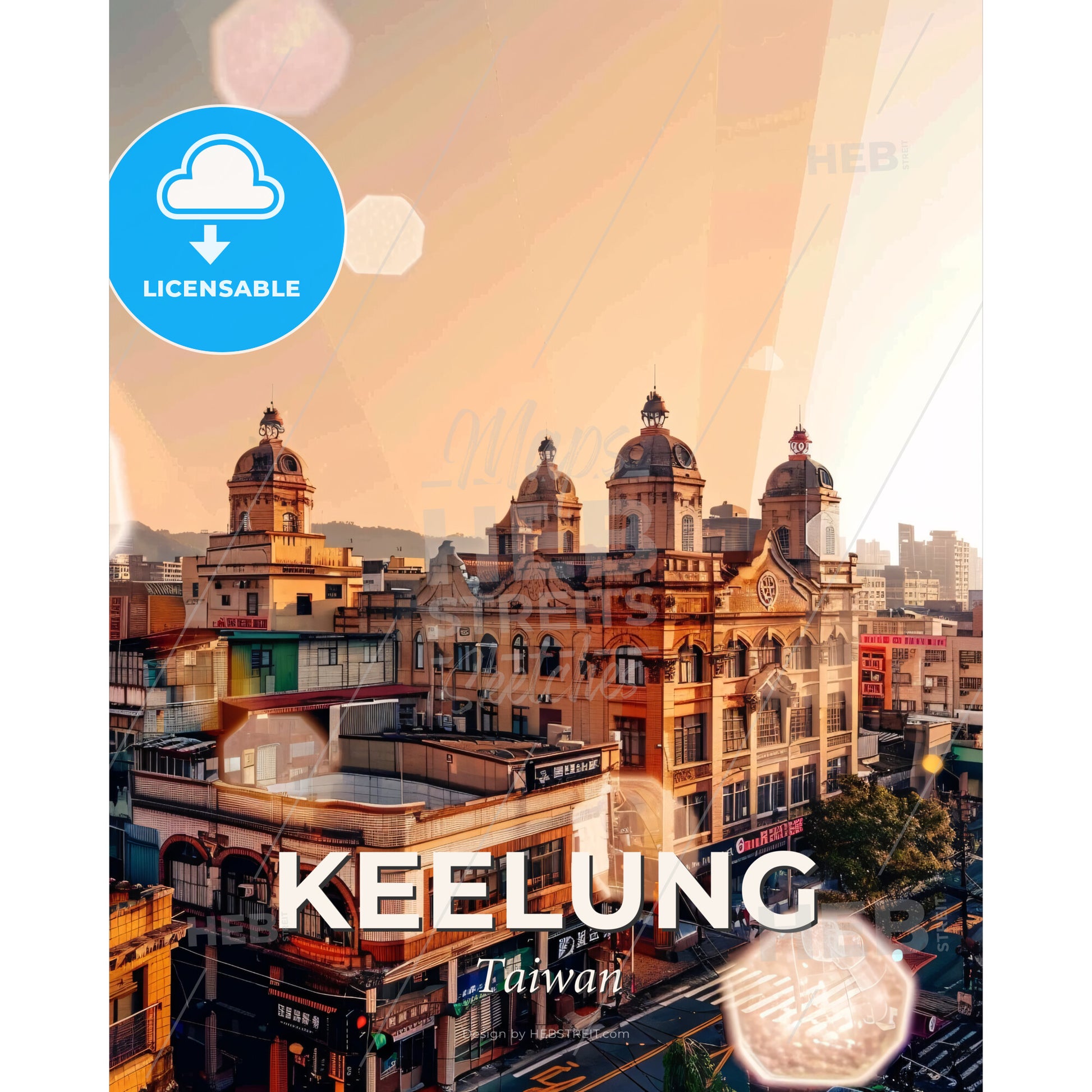 Keelung Taiwan Skyline Composite Art Masterpiece - A building with many domes and a street in the background - Square format print template