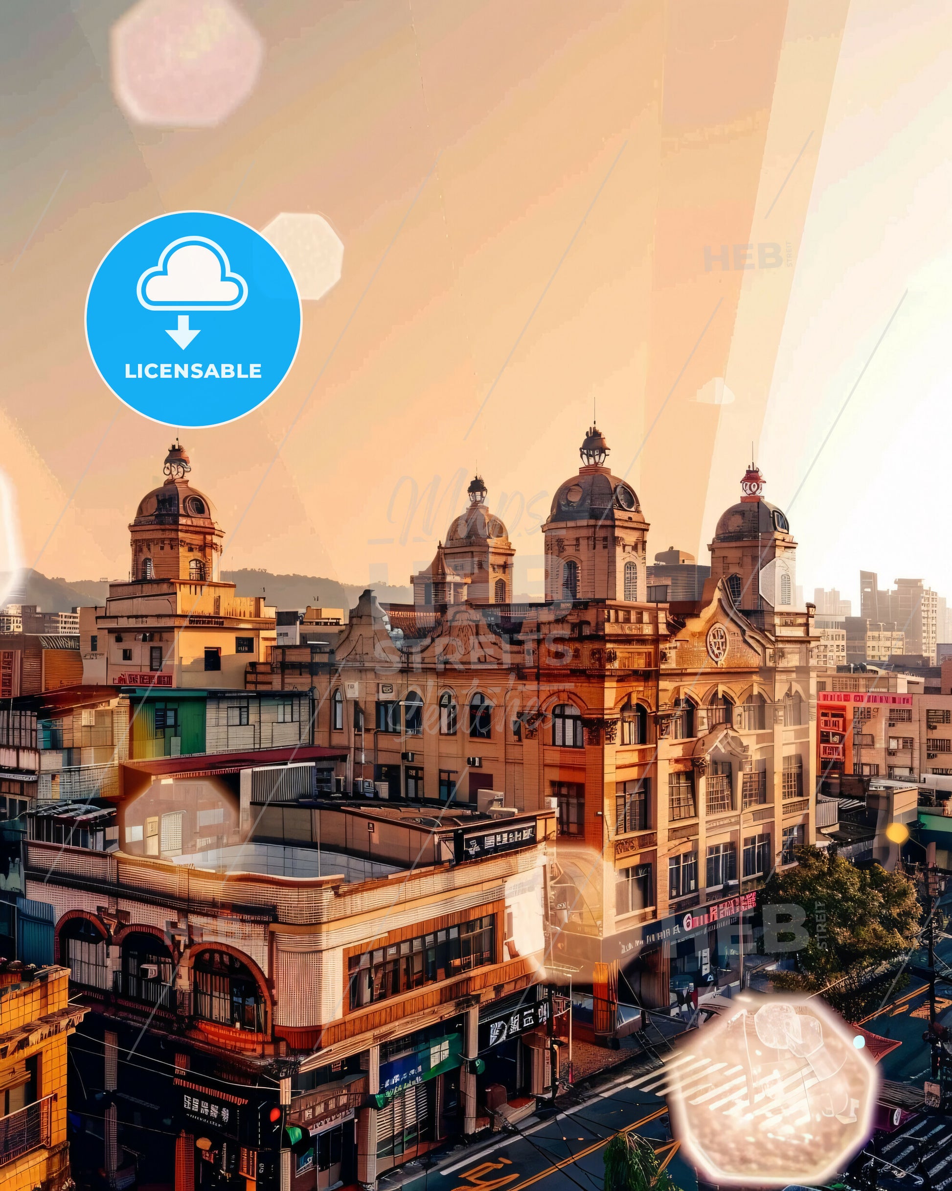 Keelung Taiwan Skyline Composite Art Masterpiece - A building with many domes and a street in the background