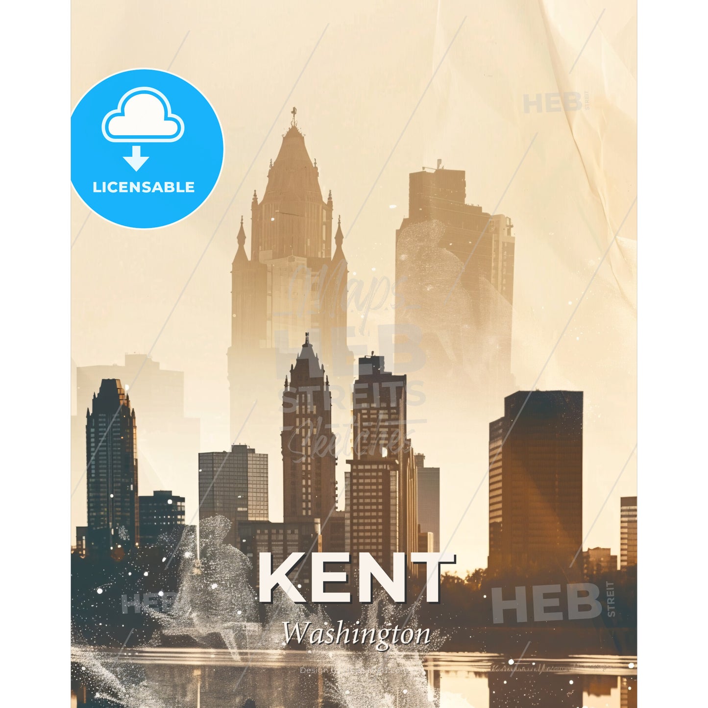Kent Washington City Icons Double Exposure Poster - A city skyline with tall buildings - Square format print template