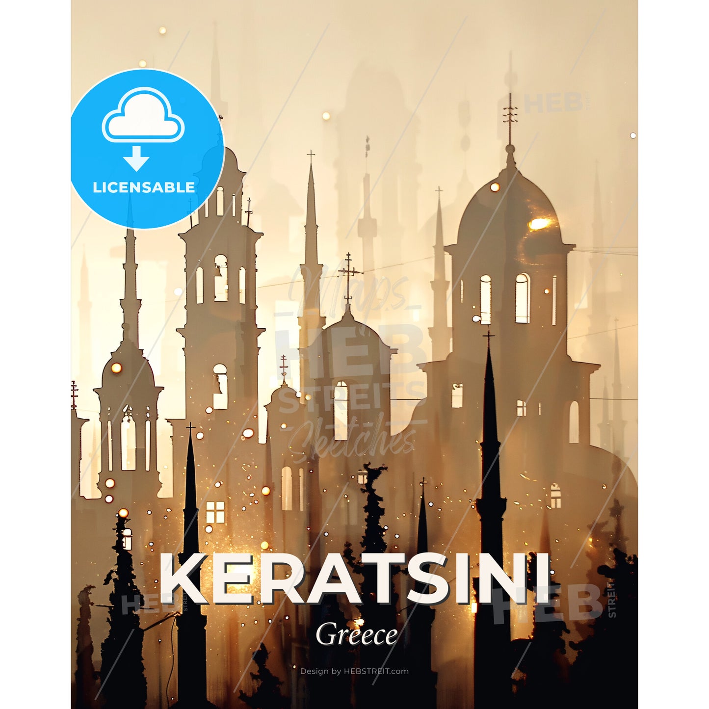 Keratsini Skyline Composite Art with Sparkles - A silhouette of a building with towers and spires - Square format print template