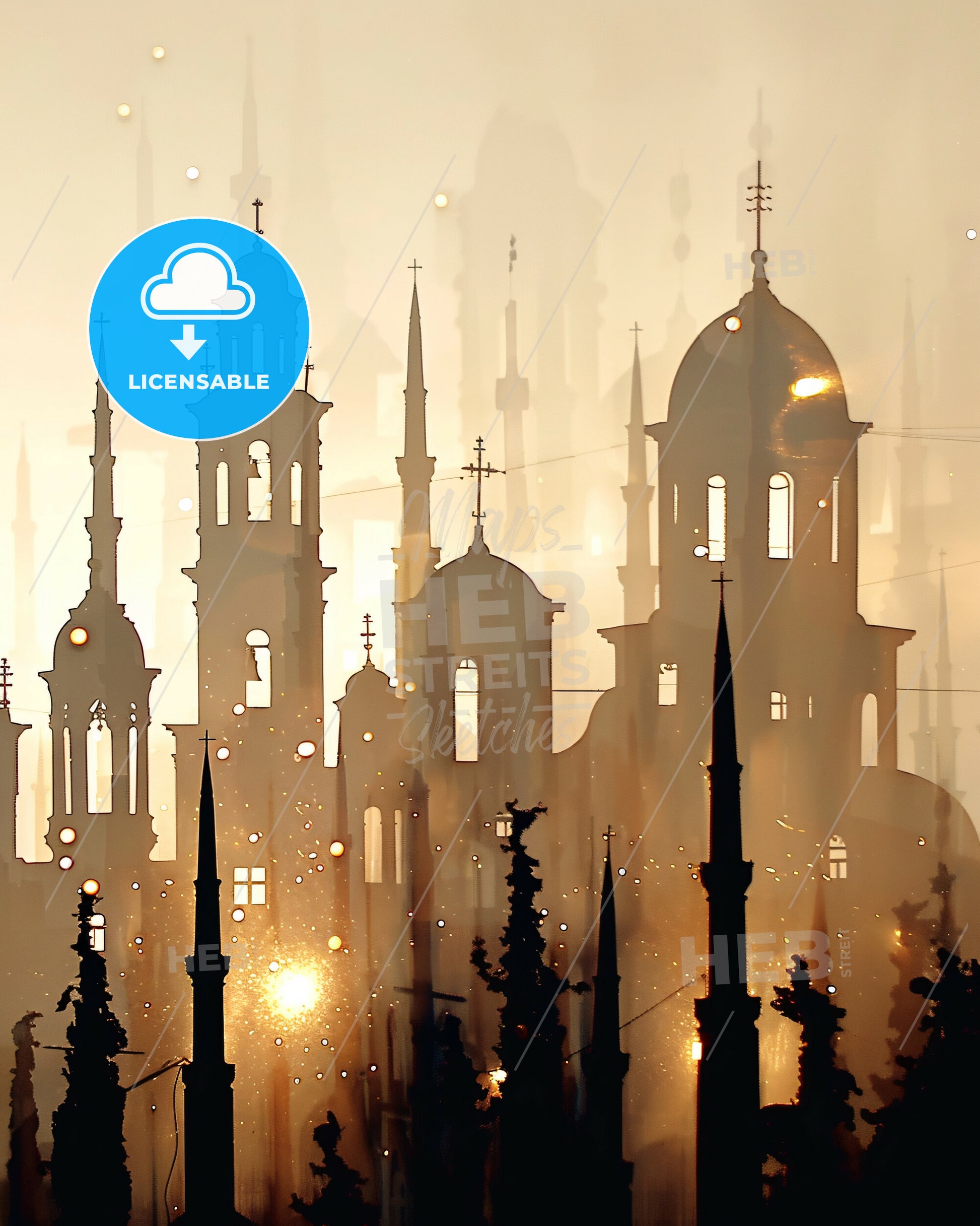 Keratsini Skyline Composite Art with Sparkles - A silhouette of a building with towers and spires