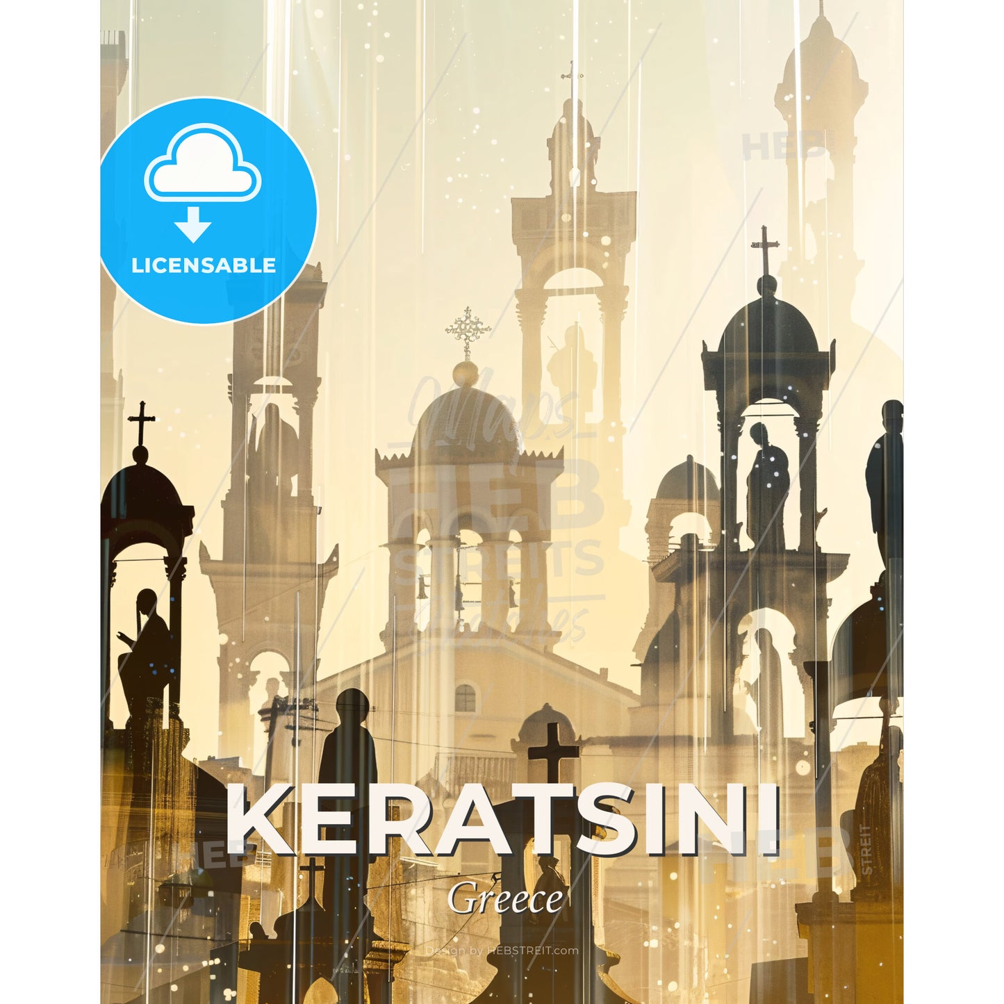 Keratsini City Skyline Double Exposure Art Poster - A group of people standing in front of a building - Square format print template