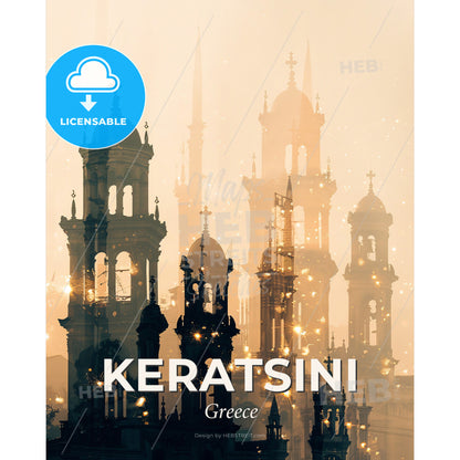 Keratsini Skyline Ambiance Silhouette Poster - A silhouette of a building with towers and spires - Square format print template