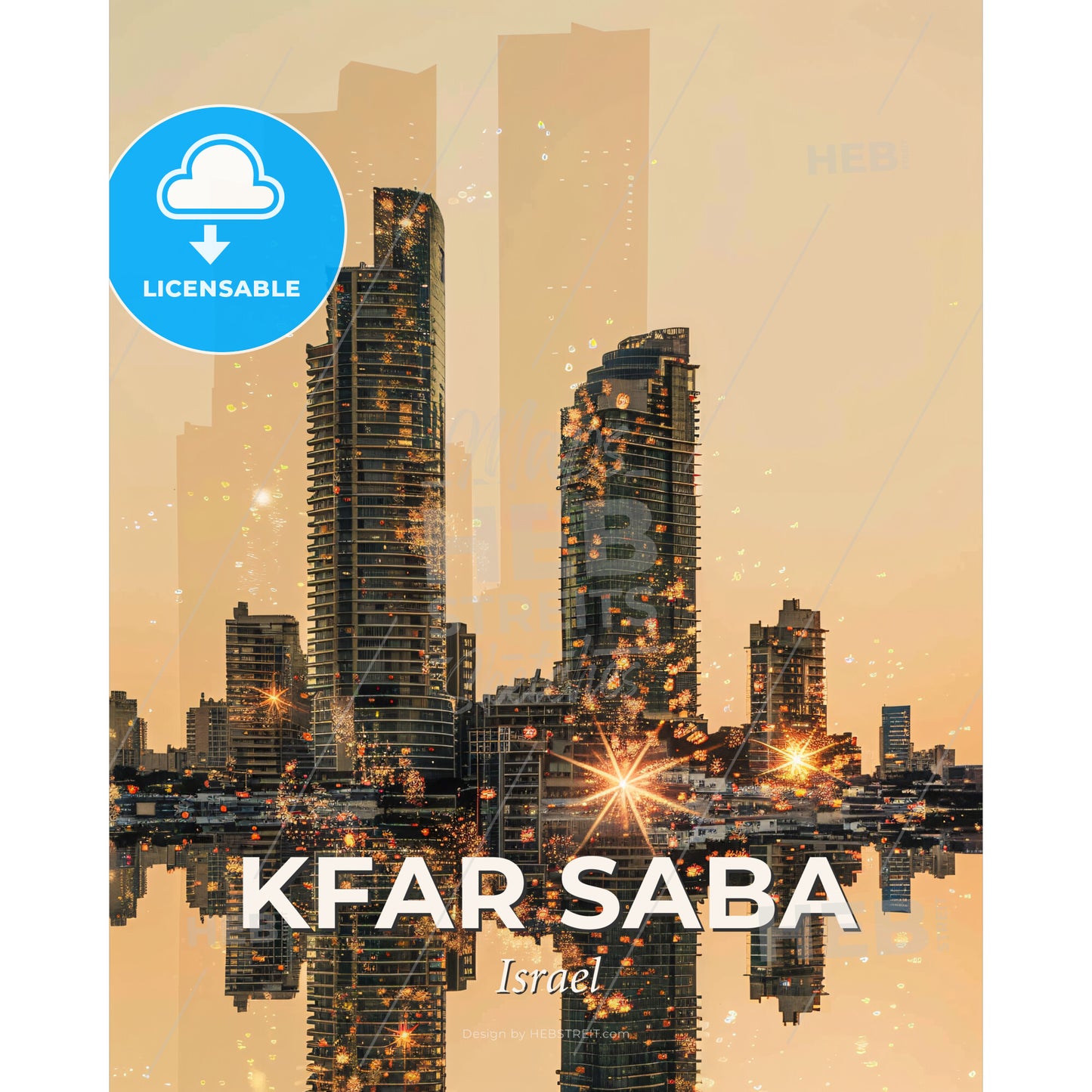 Kfar Saba Skyline Art - Local Architecture Icons - A city skyline with water reflection - Square format print template