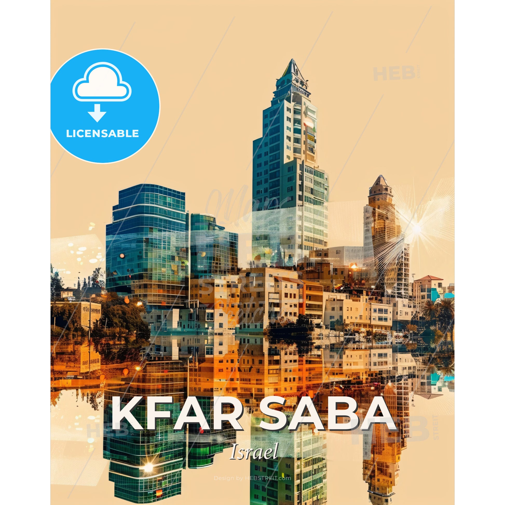Kfar Saba Skyline Vista: Local Wonder in Vivid Detail - A city with many buildings reflected in water - Square format print template