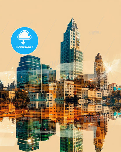 Kfar Saba Skyline Vista: Local Wonder in Vivid Detail - A city with many buildings reflected in water