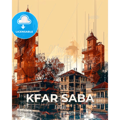 Kfar Saba Skyline Cityscape Composite Art Poster - A group of buildings with trees and water - Square format print template
