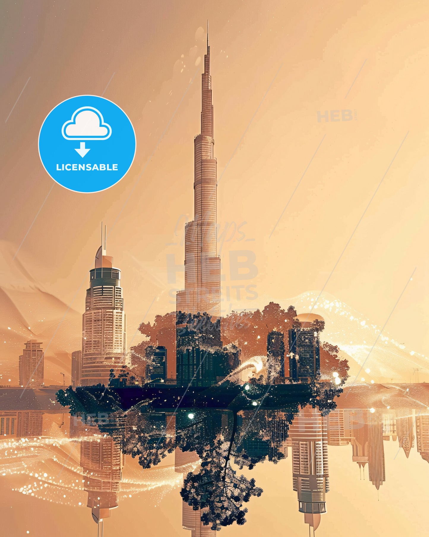 Khalifah City Skyline Sparkles on Beige - A city with a tall tower