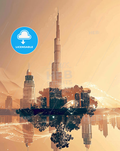 Khalifah City Skyline Sparkles on Beige - A city with a tall tower