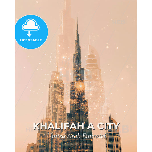 Khalifah City Skyline Fusion Art Poster - A group of tall buildings with many pointed spires - Square format print template