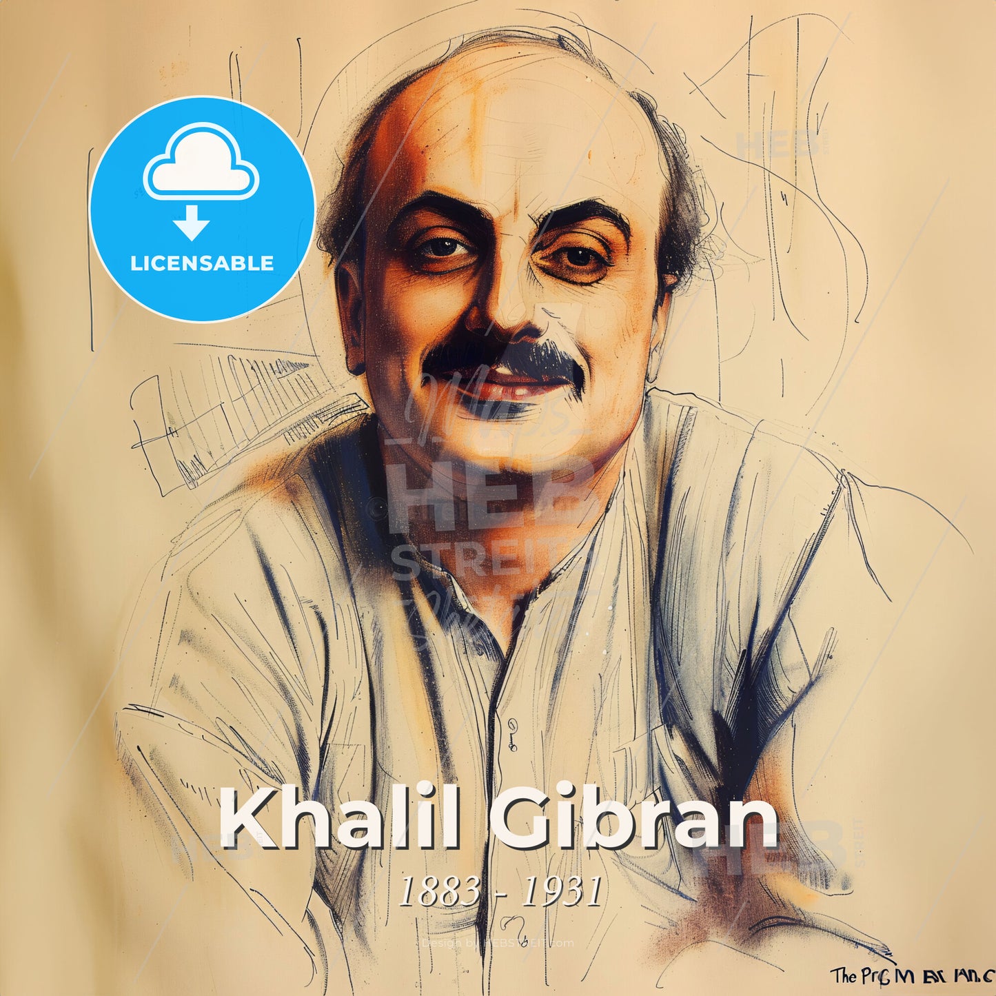 Khalil Gibran, 1883 - 1931, Lebanese-American writer and poet - A Drawing Of A Man Print Template