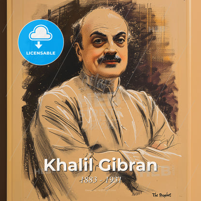 Khalil Gibran, 1883 - 1931, Lebanese-American writer and poet - A Man With Mustache And Folded Arms Print Template