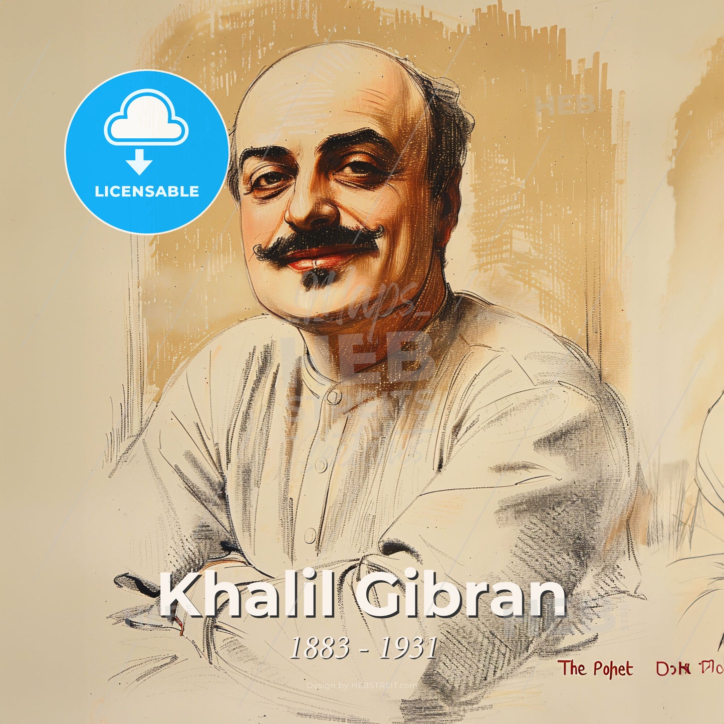Khalil Gibran, 1883 - 1931, Lebanese-American writer and poet - A Man With A Mustache Print Template