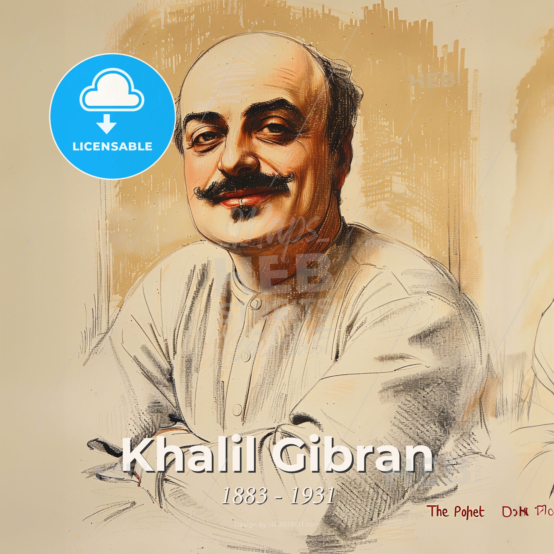 Khalil Gibran, 1883 - 1931, Lebanese-American writer and poet - A Man With A Mustache Print Template