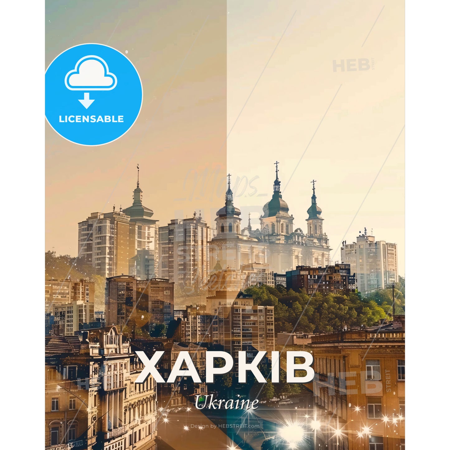 Kharkiv City Skyline Double Exposure Poster Art - A city with many buildings - Square format print template
