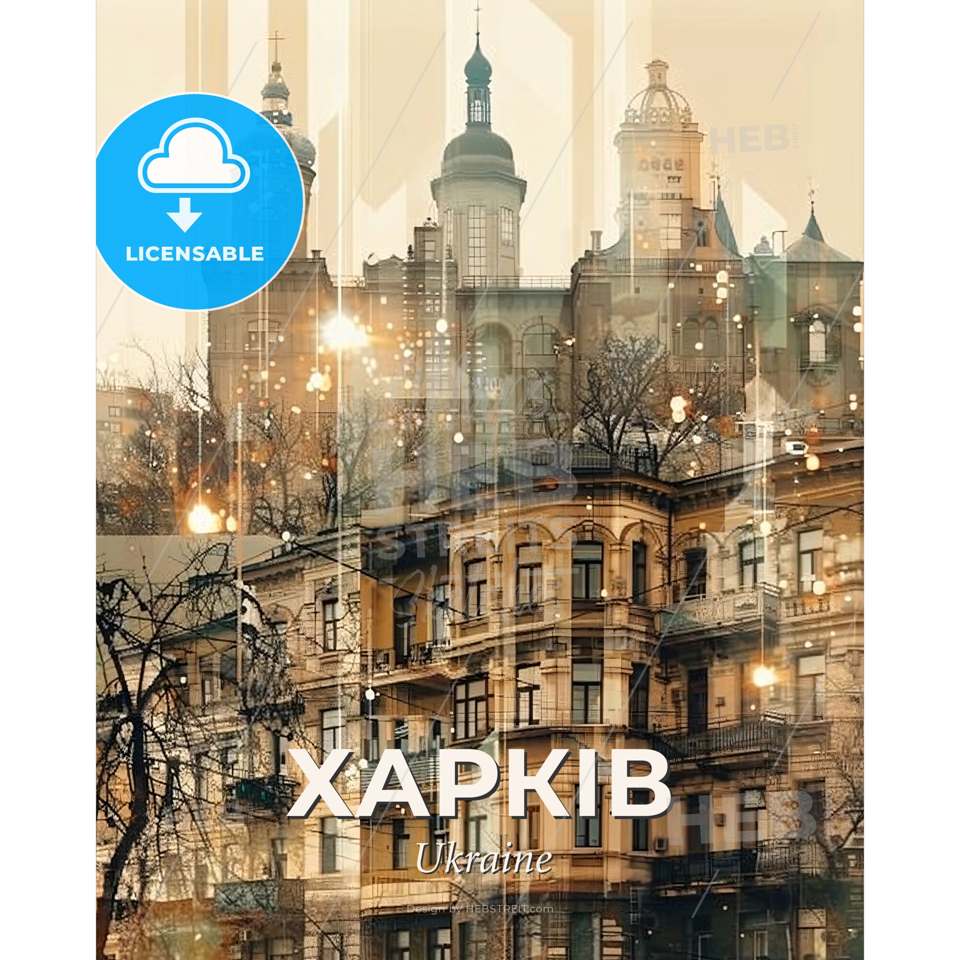 Kharkiv Skyline Duo-tone Cityscape with Local Icons - A building with many windows - Square format print template