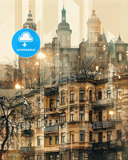 Kharkiv Skyline Duo-tone Cityscape with Local Icons - A building with many windows