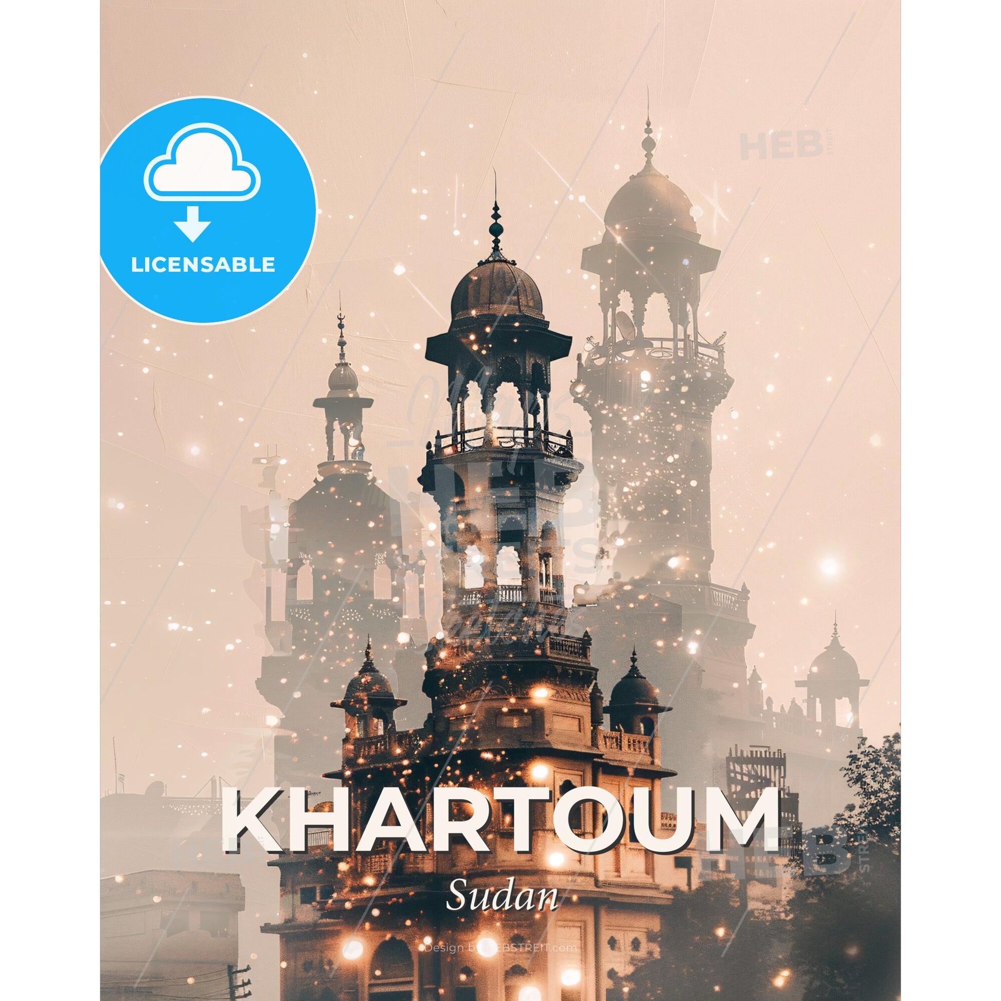 Khartoum: Beige Double Exposure Skyline Art - A building with towers and a tower with a tower and a tree - Square format print template