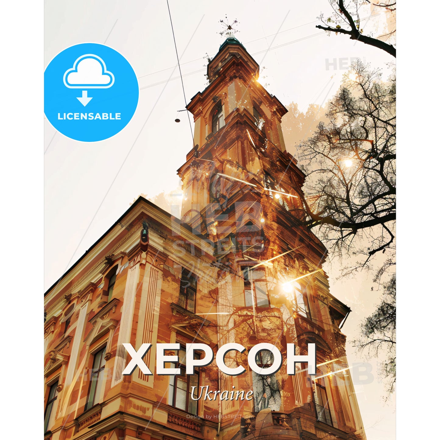 Kherson City Skyline Double Exposure Poster Art - A building with a tower and a tree - Square format print template